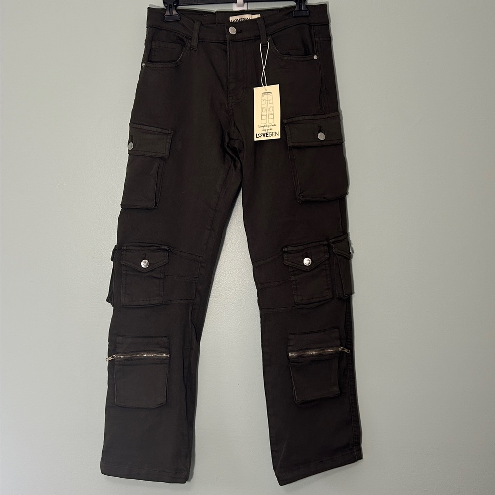 Lovegen 7 / 29 Pants Straight Leg Multi Cargo Pockets in Mid Grey zip fly NWT